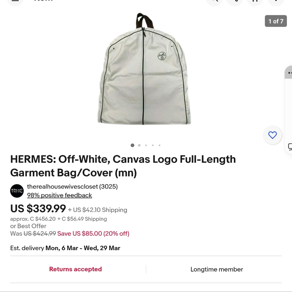 HERMES WARDROBE/DRESS/Garnment Bag 100% Authentic